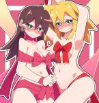  2girls absurdres arms_up blonde_hair blush bow breasts brown_hair buzzlyears cleavage collarbone earrings full-face_blush green_eyes highres jewelry long_hair looking_at_viewer medium_breasts mega_man_(series) mega_man_legends_(series) multiple_girls navel nude red_bow red_ribbon ribbon roll_caskett_(mega_man) skull_earrings sweat tron_bonne_(mega_man) 