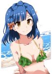  1girl arms_behind_back beach bikini blue_hair bow braid breasts character_name collarbone commentary_request frilled_bikini frills green_bikini hair_bow idolmaster idolmaster_million_live! light_blush looking_at_viewer medium_hair nanao_yuriko navel ocean red_bow small_breasts smile solo stomach swimsuit train_90 upper_body white_background yellow_eyes 