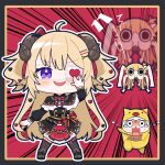  1girl 1other absurdres ahoge akai_haato akai_haato_(gothic_lolita) animal_ears black_capelet black_coat black_dress black_skirt blonde_hair blush blush_stickers bow bowtie buttons capelet chibi chuunibyou coat double-breasted dress eyepatch frilled_capelet frills full_body gothic_lolita haaton_(akai_haato) hair_ornament hairclip heart heart_eyepatch heart_hair_ornament highres hiruno_isu hololive horns layered_dress lolita_fashion long_hair long_sleeves medical_eyepatch monster overskirt purple_eyes red_bow red_bowtie red_dress sheep_ears sheep_girl sheep_horns short_dress skirt sleeveless sleeveless_dress spiderchama tsunomaki_watame two_side_up very_long_hair virtual_youtuber watamate 
