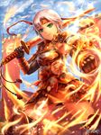  armor armpits bird blue_sky clenched_hand day fire green_eyes hachimaki headband holding holding_sword holding_weapon japanese_armor katana official_art original sengoku_kishin_valkyrie shingo_(picturepuzzle) short_hair skirt sky solo sword watermark weapon white_hair 