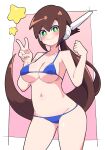  1girl absurdres aile_(mega_man_zx) bikini blue_bikini blush breasts brown_hair buzzlyears cleavage closed_mouth collarbone green_eyes highres large_breasts long_hair looking_at_viewer mega_man_(series) mega_man_zx micro_bikini navel smile solo swimsuit v 