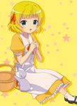  absurdres animal_ears apron aqua_eyes blonde_hair bunny_ears dress gochuumon_wa_usagi_desu_ka? hair_ribbon highres kirima_sharo looking_at_viewer mary_janes open_mouth orange_ribbon ribbon shoes short_hair socks solo star white_legwear wild_geese yellow_background 