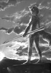  anthro barefoot canine cloud female flintex fox fur greyscale hair krystal looking_back mammal melee_weapon monochrome nintendo outside polearm sky solo staff star_fox sun video_games weapon 