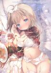  1girl blonde_hair blue_eyes blush bra breasts cookie food garter_belt hair_ornament hairclip lingerie lying medium_breasts navel on_side original panties piyodera_mucha scarf smile snow_globe solo thighhighs underwear 