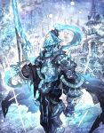  1other arm_at_side armor blue_theme commentary_request crystal_sword feet_out_of_frame gauntlets hand_up highres holding holding_sword holding_weapon ice mansion mix_(candlmix) original pauldrons pelvic_curtain ponytail shoulder_armor skeleton snowing solo standing sword tree undead weapon winter 