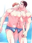  2boys abs bara blue_male_swimwear bulge couple feet_out_of_frame french_kiss head_grab head_tilt holding_hands kiss large_pectorals male_focus male_swimwear multiple_boys muscular muscular_male navel nipples original owariya_ranko pectorals poolside short_hair stomach swim_briefs thick_eyebrows thick_thighs thighs topless_male wet yaoi 