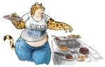 2023 anthro belly bottomwear buffet cake cettus clothed clothing denim denim_bottomwear denim_clothing dessert english_text felid female food front_view fur furniture hi_res holding_object holding_plate ilse_lemaire jaguar jeans mammal midriff overweight overweight_anthro overweight_female pantherine pants plate shirt simple_background solo spots spotted_body spotted_fur standing table tail text thick_thighs topwear white_background wide_hips yellow_body yellow_fur
