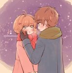  1boy 1girl artist_name black_gloves blush brown_eyes brown_hair cardcaptor_sakura child couple gloves green_eyes hetero kinomoto_sakura li_syaoran red_scarf saito_fanart scarf short_hair star_(symbol) 