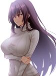  1girl breasts closed_mouth commentary_request engo_(aquawatery) fate/grand_order fate_(series) holding_own_arm large_breasts long_hair long_sleeves purple_hair red_eyes scathach_(fate) simple_background smile solo sweater turtleneck turtleneck_sweater upper_body very_long_hair white_background white_sweater 