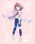 1girl ;o blue_pants buttons cardigan collared_shirt commentary_request eyelashes full_body gloves hair_ornament hairclip hand_up lacey_(pokemon) long_sleeves medium_hair morisawa_machi neckerchief one_eye_closed open_cardigan open_clothes outline pants pink_background pokemon pokemon_sv purple_cardigan purple_hair red_gloves red_neckerchief shirt shoes single_glove solo white_footwear white_shirt yellow_eyes 