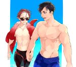  2boys alternate_costume black_male_swimwear blue_background blue_eyes blue_male_swimwear closed_mouth collarbone collared_shirt cowboy_shot gradient_background groin holding_hands joker_game light_smile looking_at_another lower_teeth_only male_focus male_swimwear messy_hair miyoshi_(joker_game) multiple_boys open_clothes open_mouth open_shirt outside_border red_hair red_shirt sakuma_(joker_game) shi646 shirt short_hair short_sleeves sunglasses swept_bangs swim_trunks teeth toned toned_male topless_male water wind 