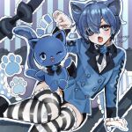  1boy 1girl absurdres adorozatorumary animal_ears black_ribbon blue_eyes blue_hair blue_suit cat cat_boy cat_ears cat_tail ciel_phantomhive crossover earrings expressionless eyepatch fang highres jewelry kuroshitsuji male_focus mole mole_under_eye otoko_no_ko paw_pose ribbon sanrio striped striped_background striped_thighhighs suit tail thighhighs wormy_owo 