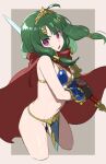  1girl ahoge arm_guards armor bikini_armor breasts cape cropped_legs green_hair hair_ornament hair_tubes hero_(sekaiju) hero_2_(sekaiju) highres holding holding_sword holding_weapon long_hair low_twintails mya-zawa navel pelvic_curtain pink_eyes red_cape sekaiju_no_meikyuu sekaiju_no_meikyuu_x small_breasts solo sword tiara twintails two-tone_background weapon 