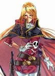  1girl black_cape blonde_hair cape cosmo_dragoon emeraldas gloves gun hair_ornament hand_on_own_hip harlock_saga highres holster looking_at_viewer pants queen_emeraldas red_shirt scar scar_on_face shirt skull_and_crossbones skull_hair_ornament slllle1 solo thigh_holster uchuu_kaizoku_captain_harlock weapon white_background white_gloves white_pants 