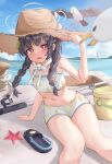 absurdres alternate_costume alternate_hairstyle bird black_hair blue_archive blush breasts bucket fishing_rod hair_ornament halo hat highres looking_at_viewer milkcandyer miyu_(blue_archive) navel ocean open_mouth red_eyes seagull sitting sky slippers small_breasts straw_hat sweat swimsuit 