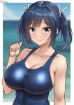  1girl beach blue_eyes blue_hair blue_one-piece_swimsuit blue_sky blush border breasts cloud collarbone day hair_ribbon highres kantai_collection large_breasts looking_at_viewer ocean one-hour_drawing_challenge one-piece_swimsuit outdoors ribbon school_swimsuit shiromaru_(maniado) short_hair sky smile solo souryuu_(kancolle) swimsuit twintails twitter_username upper_body white_border 