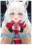  1girl animal_ears bespectacled black-framed_eyewear blue_eyes blush borumete brown_coat coat fox_ears fox_girl glasses highres hololive long_hair long_sleeves open_mouth red_scarf round_eyewear scarf shirakami_fubuki smile solo virtual_youtuber white_hair 