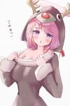  1girl absurdres animal_costume animal_hood antlers blue_archive blush breasts cleavage covered_navel eimi_(blue_archive) fur-trimmed_sleeves fur_trim gogogoiru halo highres hood hood_up large_breasts long_hair long_sleeves looking_at_viewer open_mouth pink_eyes pink_hair pink_halo reindeer_antlers reindeer_costume simple_background solo translated white_background 