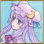  1girl 2zuz4hru bow crescent crescent_hat_ornament double_bun dress hair_bow hair_bun hat hat_ornament hat_ribbon long_hair mob_cap painting_(medium) patchouli_knowledge portrait purple_dress purple_eyes purple_hair purple_headwear ribbon solo touhou traditional_media twitter_username watercolor_(medium) 