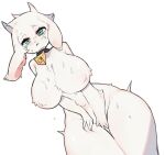 anthro big_breasts biped blue_eyes bovid breasts caprine cowbell female fur goat hi_res horizontal_pupils kid094ff mammal mostly_nude navel pupils simple_background solo vanilla_(buta99) white_background white_body white_fur