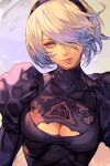  1girl 2b_(nier:automata) black_dress black_hairband breasts cleavage cleavage_cutout clothing_cutout dress grey_eyes grey_hair hair_over_one_eye hairband hungry_clicker juliet_sleeves lips long_sleeves medium_breasts mole mole_under_mouth nier:automata nier_(series) no_blindfold puffy_sleeves short_hair solo turtleneck upper_body 