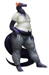 2023 anthro barefoot belly belt black_body black_skin bottomwear cettus clothed clothing dragon feet frill_(anatomy) fritjof hand_on_belt hand_on_leg hand_on_thigh hi_res long_neck male orange_eyes overweight overweight_anthro overweight_male pants scalie shirt simple_background solo standing tail thick_tail topwear white_background