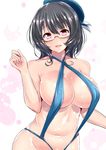  :d bare_arms bare_shoulders beret bespectacled black_hair blue_hat blue_swimsuit blush breasts cleavage collarbone covered_nipples glasses groin hand_up hat head_tilt highres kantai_collection large_breasts navel one-piece_swimsuit open_mouth red-framed_eyewear red_eyes revealing_clothes round_teeth sankakusui semi-rimless_eyewear short_hair simple_background slingshot_swimsuit smile solo stomach swimsuit takao_(kantai_collection) teeth under-rim_eyewear upper_body white_background 
