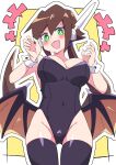  +++ 1girl absurdres aile_(mega_man_zx) alternate_costume black_leotard black_thighhighs blush breasts brown_hair buzzlyears cleavage demon_wings green_eyes highres large_breasts leotard long_hair looking_at_viewer mega_man_(series) mega_man_zx open_mouth smile solo thighhighs wings wrist_cuffs 