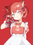 1girl :3 absurdres akami_karubi animal_ear_fluff animal_ears animal_hands apron blue_eyes blue_ribbon blush_stickers bow closed_mouth commentary_request dress fur-trimmed_gloves fur_trim gloves hair_ornament hair_ribbon hand_up head_tilt heart heart_hair_ornament highres indie_virtual_youtuber looking_at_viewer paw_gloves puffy_short_sleeves puffy_sleeves red_background red_bow red_dress red_gloves red_hair ribbon short_sleeves signature simple_background sofra solo twintails twitter_username virtual_youtuber white_apron 