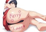  1girl ass ass_focus bare_legs barefoot black_hair black_panties blue_eyes body_writing closed_mouth commentary_request dress fur-trimmed_dress fur-trimmed_headwear fur_trim gridman_universe hat highres long_hair looking_at_viewer lying merry_christmas mibushiro mixed-language_commentary on_side panties red_dress red_headwear santa_costume santa_dress santa_hat solo ssss.gridman straight_hair takarada_rikka thighs underwear white_background 