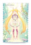  2015 animal_ears aqua_background argyle argyle_legwear artist_name bishoujo_senshi_sailor_moon blonde_hair brooch bubble_blowing bunny_ears character_name chewing_gum dated double_bun dress facial_mark flower forehead_mark full_body jewelry kneehighs leaf long_hair looking_away namesake petticoat plant purple_eyes sdr1989 short_sleeves solo stamp standing stuffed_animal stuffed_toy teddy_bear thighhighs tsukino_usagi twintails very_long_hair white_dress 