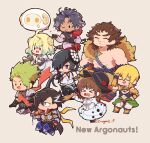  &gt;_&lt; ._. 2girls 6+boys :&gt; achilles_(fate) apollo_(fate) armor bartholomew_roberts_(fate) belt black_hair black_headwear blonde_hair blush_stickers braid brown_hair chain charlotte_corday_(fate) closed_eyes colored_tips dress english_text eyepatch fate/grand_order fate_(series) flower gradient_hair green_hair grin hair_over_one_eye hands_on_own_hips hat heart highres holding holding_sword holding_weapon jason_(fate) jitome knife kunai mandricardo_(fate) mochizuki_chiyome_(fate) multicolored_hair multiple_boys multiple_girls ninja one_eye_closed open_mouth orange_scarf paris_(fate) ponytail red_flower red_rose rose scarf sheep smile smirk super_orion_(fate) sweatdrop sword thick_eyebrows topless_male triangle_mouth tripping twitter_username v wavy_mouth weapon white_dress znononz 