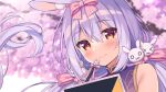  &gt;_&lt; 1girl animal_ear_fluff animal_ears bare_shoulders blurry blurry_background bow brown_eyes closed_mouth depth_of_field dress floating_hair hair_between_eyes hair_bow hair_ornament himesaki_yuzuru long_hair looking_at_viewer low_twintails noripro pink_bow purple_dress purple_hair rabbit_ears rabbit_hair_ornament sleeveless sleeveless_dress smile solo striped striped_bow sumisaki_yuzuna tree twintails upper_body very_long_hair virtual_youtuber 