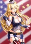  american_flag blonde_hair blue_eyes breasts cleavage elbow_gloves fingerless_gloves flag_background gakky-cf garter_straps gloves highres iowa_(kantai_collection) kantai_collection large_breasts long_hair miniskirt one_eye_closed skirt solo star star-shaped_pupils symbol-shaped_pupils thighhighs zettai_ryouiki 