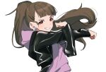  1girl alternate_hairstyle black_jacket blunt_bangs blush breasts brown_hair clenched_hands crossed_arms dot_nose earrings grin hands_up hood hood_down hoodie idolmaster idolmaster_cinderella_girls idolmaster_cinderella_girls_starlight_stage jacket jewelry kamiya_nao long_hair long_sleeves looking_at_viewer medium_breasts open_clothes open_jacket pink_hoodie ponytail red_eyes simple_background smile solo stretching thick_eyebrows upper_body white_background wwwrkgk 