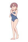  1girl :d bare_arms bare_legs bare_shoulders barefoot blue_one-piece_swimsuit blush_stickers breasts brown_hair covered_navel dot_nose full_body hair_between_eyes highres legs low_twintails medium_breasts multicolored_hair murosaki_miyo nuurise2023 old_school_swimsuit one-piece_swimsuit onii-chan_wa_oshimai! open_mouth own_hands_together red_hair school_swimsuit simple_background smile solo standing swimsuit twintails two-tone_hair white_background 
