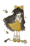  1girl black_eyes black_hair bow devotion du_meishin flower full_body gongs0313 hair_bow hair_over_one_eye highres holding holding_flower long_hair microphone socks solo white_socks yellow_bow yellow_footwear 