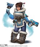  beads belt belt_pouch black-framed_eyewear blue_gloves blue_legwear boots brown_eyes brown_hair canister canteen coat drone floating full_body fur_boots fur_coat fur_trim glasses gloves gun hair_bun hair_ornament hair_stick highres holding holding_weapon hose lips mathias_leth md5_mismatch mei_(overwatch) overwatch parka pouch print_legwear robot short_hair simple_background smile snowball_(overwatch) solo spiked_boots spikes standing utility_belt watermark weapon web_address white_background winter_clothes winter_coat 