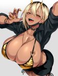  1girl absurdres animal_print black_choker black_shirt black_skirt blonde_hair bracelet breasts choker claw_pose cleavage dark-skinned_female dark_skin demon_girl demon_horns gold_nails gold_necklace gyaru hair_ornament highres horns huge_breasts hz_(666v) jewelry mask mole mole_on_breast mouth_mask necklace oni_horns open_clothes open_hand open_shirt original sharp_teeth shirt skirt teeth tiger_print tiger_stripes 