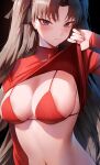 1girl absurdres bikini blue_eyes blush breasts brown_hair cleavage clothes_lift fate/stay_night fate_(series) hair_ribbon highres large_breasts long_hair long_sleeves looking_at_viewer navel parted_bangs red_bikini red_sweater ribbon rororo solo sweater swimsuit tohsaka_rin two_side_up 