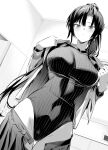  1girl absurdres ass_visible_through_thighs black_hair black_leotard black_skirt blush breasts commentary_request greyscale highleg highleg_leotard highres hiiragi_yuuichi large_breasts leotard long_sleeves looking_at_viewer monochrome open_clothes open_shirt original parted_bangs pleated_skirt ponytail purple_eyes ribbed_leotard shirt skirt solo undressing 