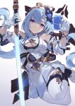  1girl asc11 bare_shoulders belt blue_hair blue_lightsaber boots breasts cleavage cleavage_cutout closed_mouth clothing_cutout detached_sleeves dress earrings energy_sword flower gloves griseo griseo_(cosmic_expression) hair_flower hair_ornament highres holding holding_sword holding_weapon honkai_(series) honkai_impact_3rd jewelry lightsaber long_hair looking_at_viewer medium_breasts pantyhose parted_lips purple_eyes simple_background smile solo sword thighhighs weapon white_background white_dress white_gloves white_thighhighs 