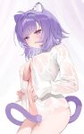  1girl absurdres ahoge animal_ear_fluff animal_ears bottomless breasts cat_ears cat_girl cat_tail highres hololive hoshi_usagi large_breasts looking_at_viewer naked_shirt nekomata_okayu nekomata_okayu_(4th_costume) open_clothes open_shirt purple_eyes purple_hair shirt short_hair simple_background solo tail tail_censor virtual_youtuber 