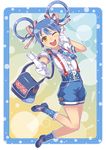  bag blue_hair border bottle bracelet collared_shirt foreshortening full_body gloves hair_ribbon hair_rings highres jewelry necktie open_mouth original outside_border papico_(ice_cream) ribbon round_teeth shingo_(picturepuzzle) shirt shorts smile solo striped suspenders teeth white_border white_gloves yellow_eyes 