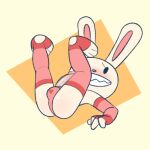 anthro anus armwear ball_bulge biped blush clothing elbow_gloves erection gemsum genitals gloves handwear lagomorph legs_up legwear leporid low_res lying male mammal max_(sam_and_max) on_back penis rabbit sam_and_max simple_background smile solo thigh_highs white_body