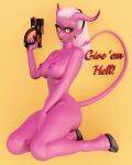 3d_(artwork) absurd_res big_breasts breasts curved_horn demon demon_humanoid digital_media_(artwork) ear_piercing english_text female gun hair helluva_boss hi_res holding_gun holding_object holding_weapon hooves horn humanoid humanoid_pointy_ears kneeling looking_at_viewer lorded mature_female mrs.mayberry_(helluva_boss) nipples nude piercing pink_body pinup pose ranged_weapon simple_background smile solo spade_tail tail text unguligrade weapon white_hair yellow_background yellow_eyes