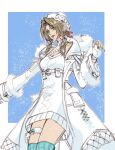  aerith_gainsborough aerith_gainsborough_(fairy_of_snowfall) aqua_nails aqua_thighhighs blue_background border breasts bridal_garter brown_hair cleavage cleavage_cutout clothing_cutout coat cowboy_shot dress earrings eni_(yoyogieni) final_fantasy final_fantasy_vii final_fantasy_vii_ever_crisis final_fantasy_vii_remake fingerless_gloves fur-trimmed_coat fur_trim gloves green_eyes hair_ribbon halter_dress halterneck hat highres hood hood_down jewelry long_coat long_hair long_sleeves medium_breasts nail_polish official_alternate_costume open_mouth parted_bangs red_ribbon ribbon short_dress sidelocks smile sweater sweater_dress thighhighs wavy_hair white_border white_coat white_dress white_gloves white_headwear 