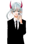  1girl aqua_hair black_necktie black_suit blue_eyes blunt_bangs cosmos_(tamura_ryuuhei) formal highres holding holding_phone homura_rin_(cosmos) horns long_hair long_sleeves looking_at_viewer necktie non-web_source official_art phone red_horns shirt solo suit tamura_ryuuhei twintails upper_body white_background white_shirt 