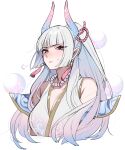  blunt_bangs breasts cleavage grey_hair highres horns japanese_clothes jewelry kimono league_of_legends long_hair miko necklace ponytail shibori_kasu_(uuu_u22) syndra white_background white_hair 