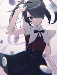  1girl :o akahito_(akaironotanin) ame-chan_(needy_girl_overdose) black_hair black_ribbon black_skirt blue_eyes blurry chromatic_aberration collared_shirt commentary_request cowboy_shot grey_background hair_ornament hair_over_one_eye hand_up highres looking_at_viewer neck_ribbon needy_girl_overdose parted_lips pill red_nails red_shirt ribbon shirt shirt_tucked_in skirt solo suspender_skirt suspenders twintails x_hair_ornament 